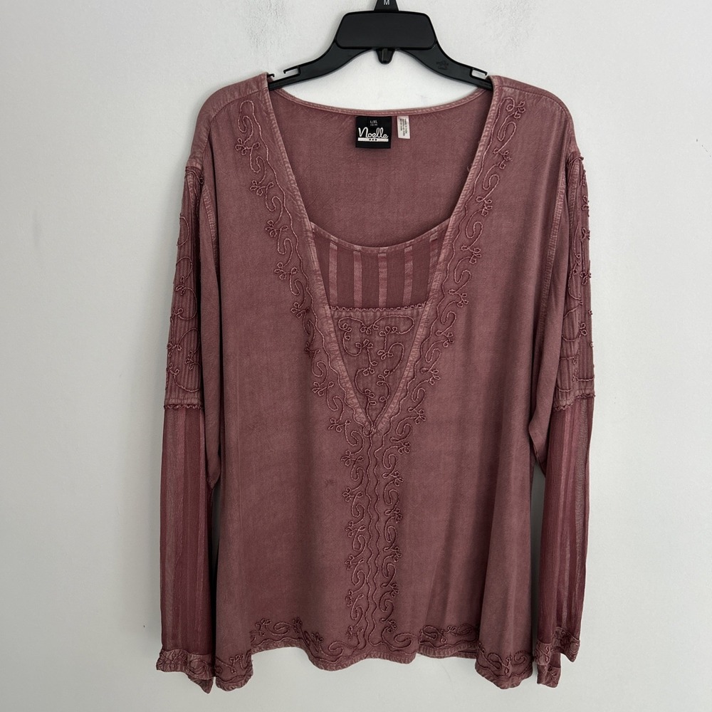 Noelle Sx L/XL Sheer Striped Long Sleeve Embroider Burgundy Boho Peasant Blouse